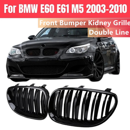 Glossy Black Double Line Front Kidney Grille for BMW 5 Series E60/E61 (2003-2010) – Sporty M5-Inspired Upgrade